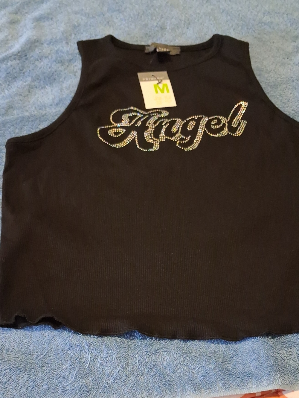 Primark Black Top with Clear Rhinestone Heart Detail